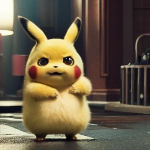 Image similar to movie still of fat detective Pikachu