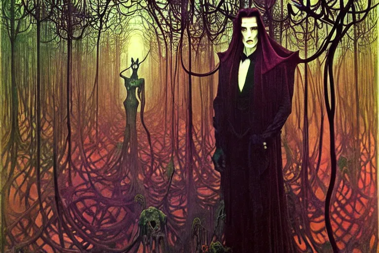 Image similar to realistic extremely detailed portrait painting of an elegantly creepy vampire man dressed as dracula, futuristic sci-fi forest on background by Jean Delville, Amano, Yves Tanguy, Alphonse Mucha, Ernst Haeckel, Edward Robert Hughes, Roger Dean, rich moody colours