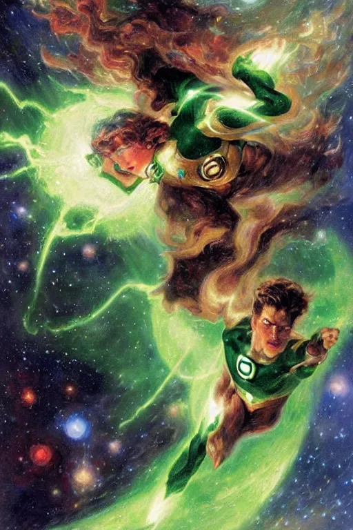 Prompt: green lantern flying through space. art by gaston bussiere.