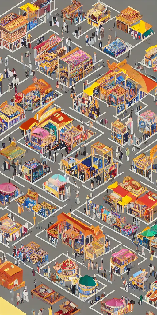 Prompt: cute isometric illustration of the grand bazaar, istanbul, turkey, turkey's grand bazaar is believed to be among the world's biggest covered markets, thousands of vendors touting all manner of goods for the home, furniture and exotic carpets, plus fashion and jewelry by victo ngai, studio muti, isometric view