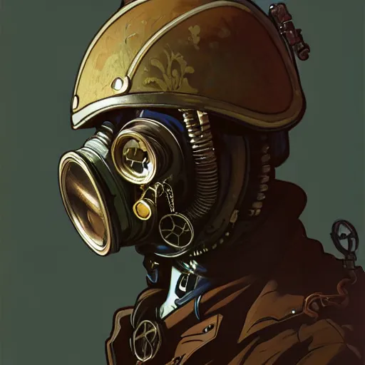 Image similar to portrait of a vicotrian steampunk in suit wearing a gas mask by darek zabrocki and greg ruthkowski, alphonse mucha, simon stalenhag and cinematic and atmospheric, concept art, artstation, trending on artstation