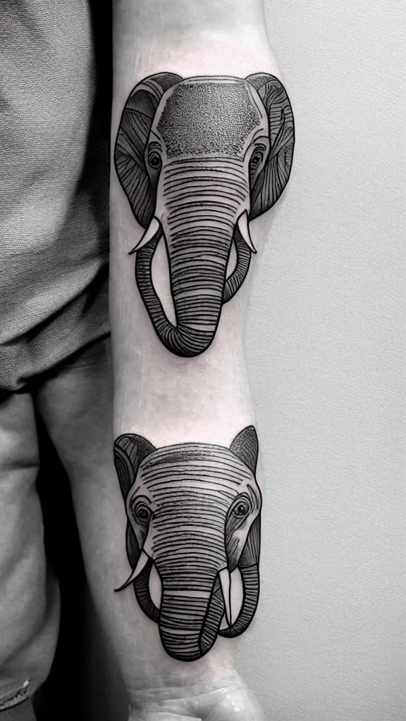 Prompt: small fine line art tattoo of a stylized elephant with abstract geometric patterns surrounding it, fine line tattoo, highly detailed, hd