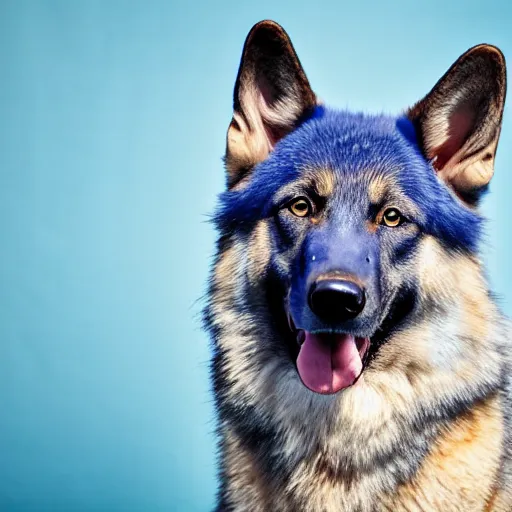 Prompt: 4 k high resolution, hdr photo of an animal hybrid of a blue german shepherd and a blue fox, with blue fur and blue eyes, award winning studio photography