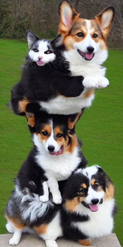 Image similar to cute corgi and a cute fluffy tuxedo cat riding on the top of him, realistic photo