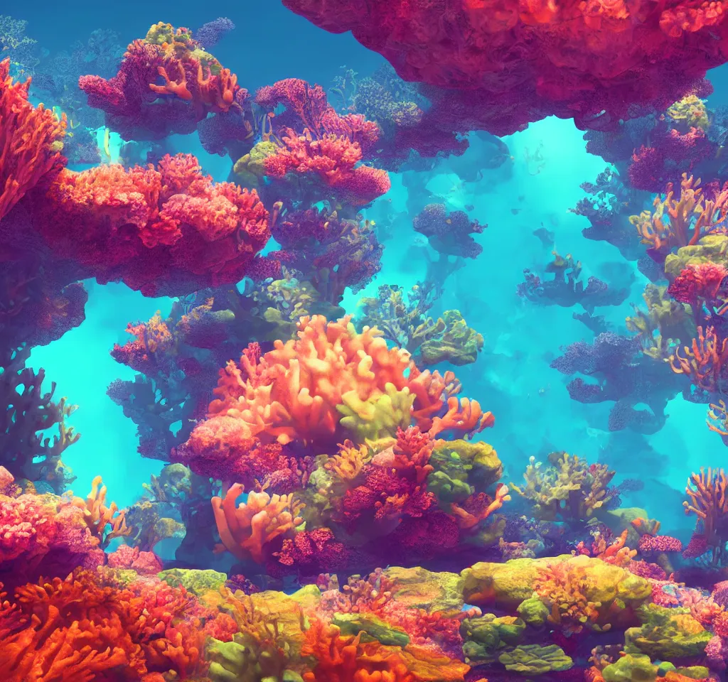 Image similar to underwater neon coral reef landscape magical realism painting with sun rays coming from above, neon pastel colors, octane render, maya, cinema 4d
