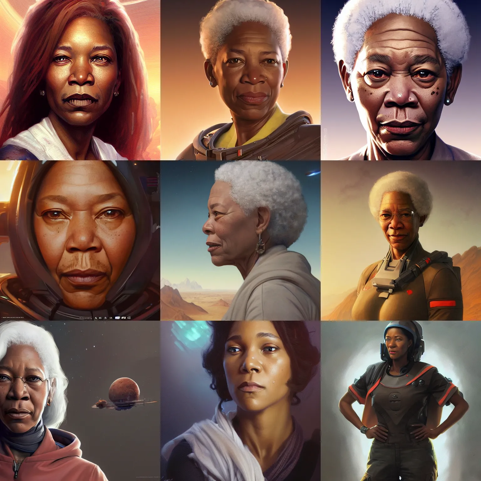 Prompt: female morgan freeman, surface of mars, octane render, highly detailed, digital painting, artstation, concept art, smooth, sharp focus, illustration, art by artgerm and greg rutkowski and alphonse mucha and william - adolphe bouguereau
