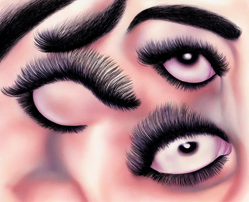 Image similar to beautiful matte airbrush of a long eyelashes with mascaraon white background, inspired by 8 0's airbrush illustrations, art by pater sato