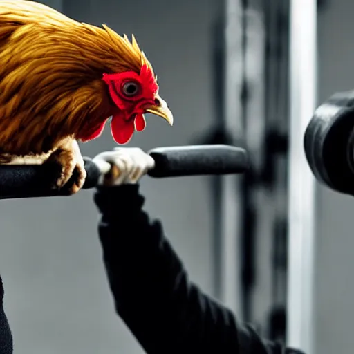 Image similar to a chicken lifting weights