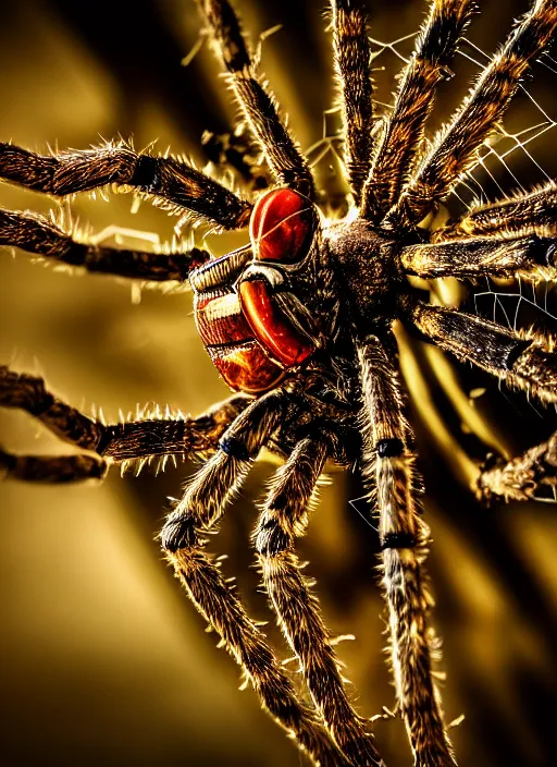 Image similar to macro photo of an intricate mechanic spider, round gears visible from on inside, on the background of a weird magical mechanical forest. Very detailed 8k. Fantasy cyberpunk horror. Sharp. Cinematic post-processing