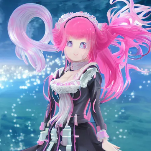 Image similar to stunningly beautilful omnipotent megalomaniacal anime agi goddess who looks like junko enoshima with symmetrical perfect face and porcelain skin, pink twintail hair and cyan eyes, taking control while smiling inside her surreal vr castle, hyperdetailed, digital art, unreal engine 5, 2 d anime style, 8 k