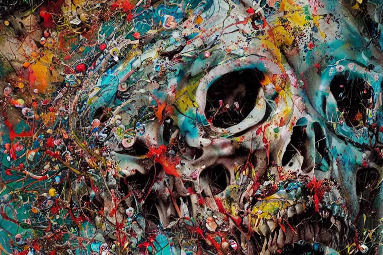 Image similar to a splattered action painting by jackson pollock showing a skull, ultradetailed, fine art painting, peter mohrbacher, moebius, face carving, frottage, watercolor, acrylic, multilayered paint, spectacular splatter explosion, psychedelic art