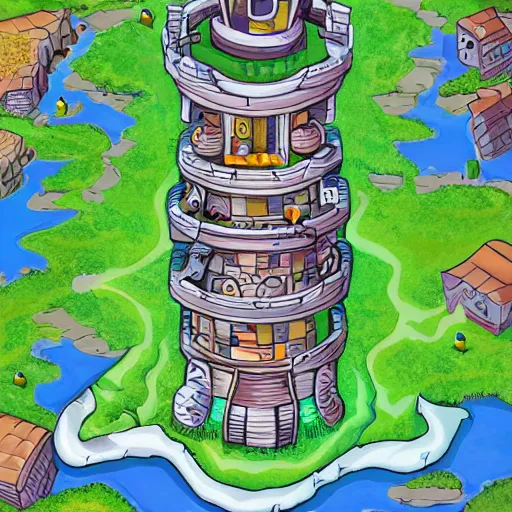 Image similar to aerial view of wizard tower, colored lineart game tile