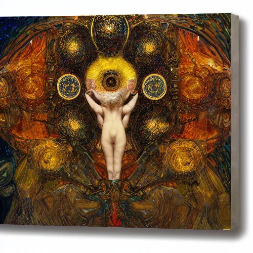 Prompt: Divine Chaos Engine by Karol Bak, Jean Deville, Gustav Klimt, and Vincent Van Gogh, horizontal symmetry, detailed fractals