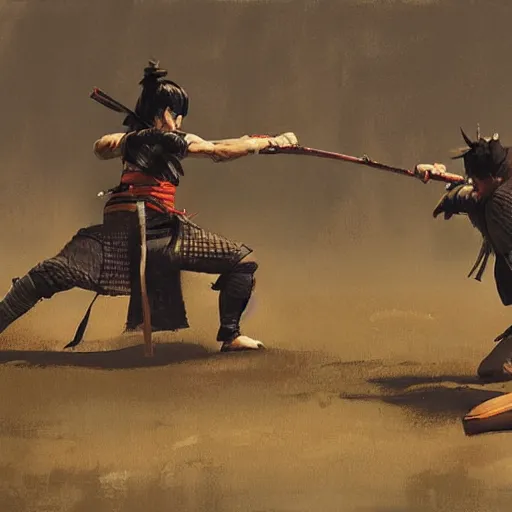 Image similar to samurai duel, paint by greg rutkowski