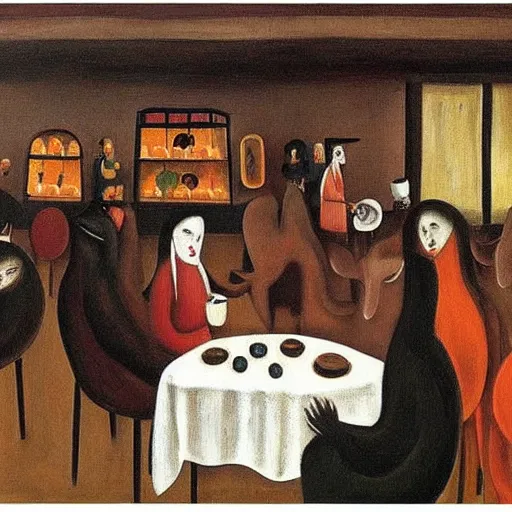 Image similar to painting of a busy coffee shop, by leonora carrington,