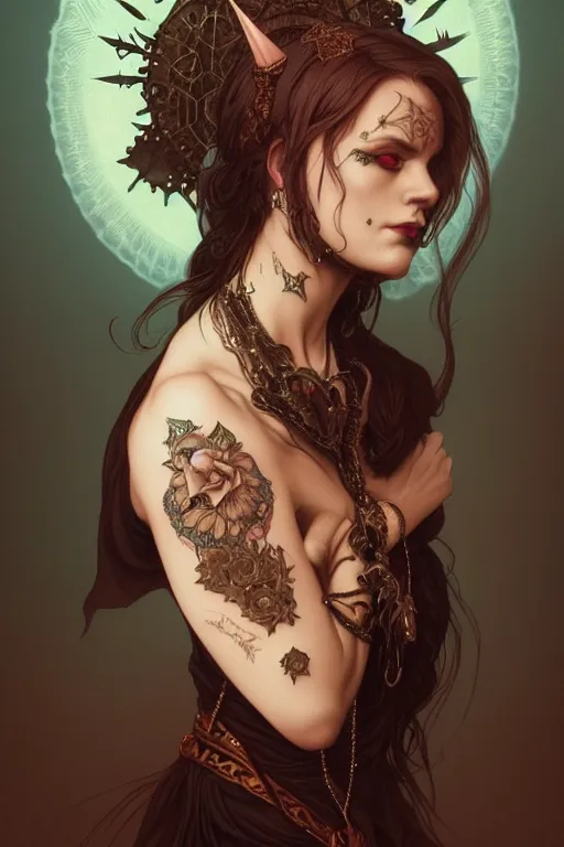 Image similar to portrait of a satanic witch, tattooed face, upper body, decorated, intricate, elegant, highly detailed, digital painting, artstation, concept art, smooth, sharp focus, illustration, art by artgerm and greg rutkowski and alphonse mucha, 8 k