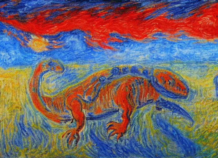 Image similar to painting of the extinction of the dinosaurs with asteroid and fire, in the style of claude monet and vincent van gogh, dramatic lighting red and blue