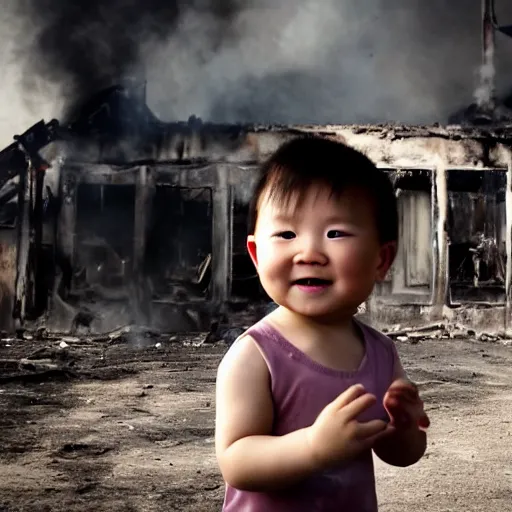 Prompt: evil baby justin sun with mischievous smile in front of burning orphanage, cinematic composition