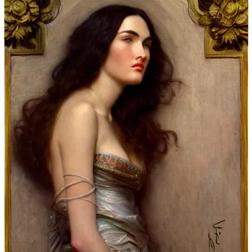 Image similar to detailed potrait of megan fox on baroque painting, girl graceful,, painting by gaston bussiere, craig mullins, j. c. leyendecker, lights, art by ernst haeckel, john william godward, hammershøi,,