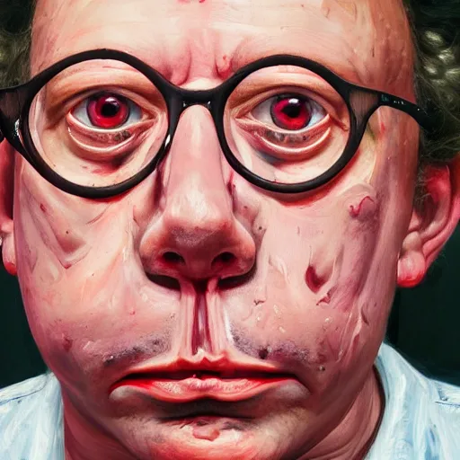 Prompt: high quality high detail painting of todd solondz portrait, sad, showing strong repulsion, pain, no fun ; full of sorrow, by lucian freud and francis bacon, hd, photorealistic lighting