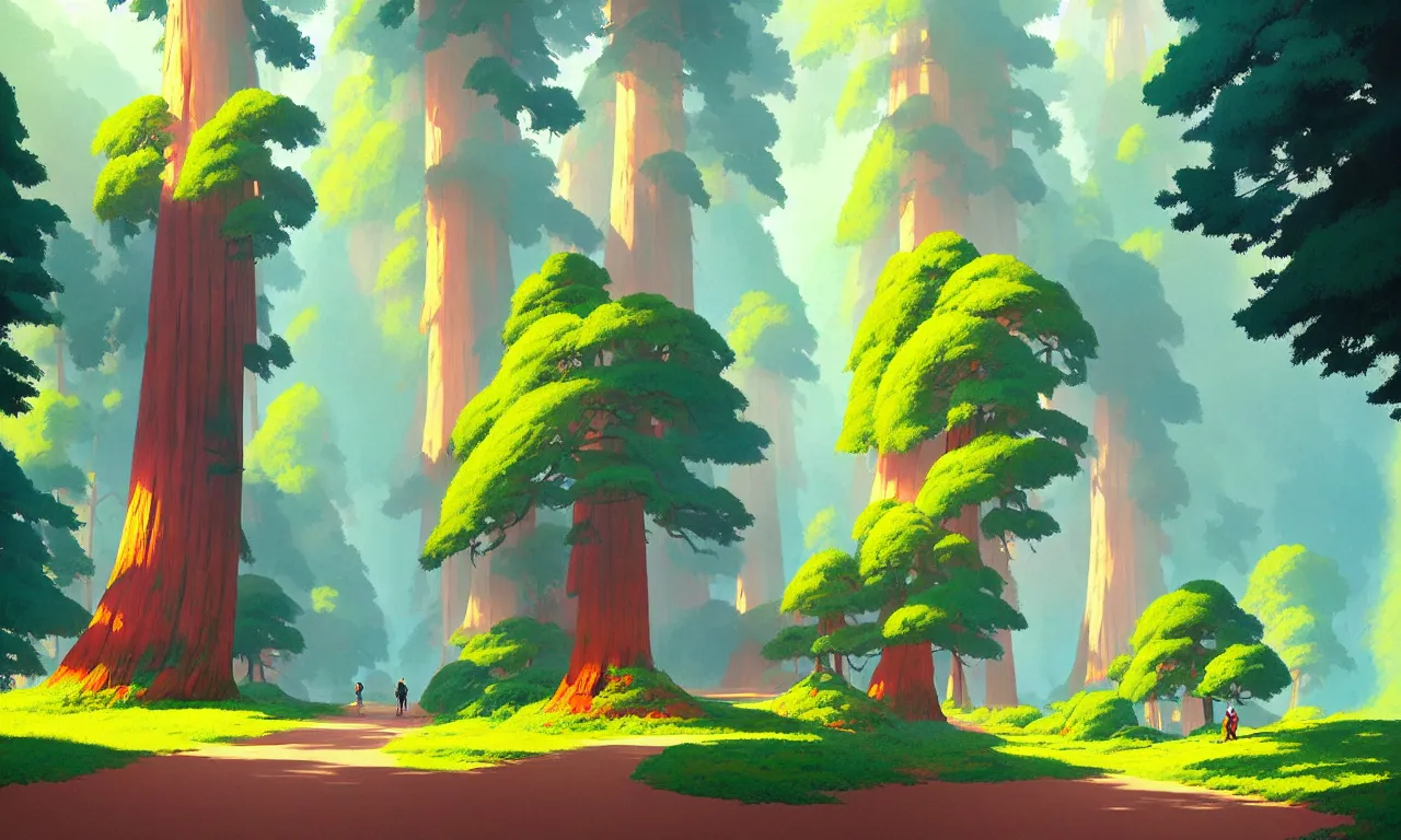 Image similar to Sequoia park in a colorful moutain with beautiful trees , no people, morning, by studio ghibli painting, superior quality, masterpiece, traditional Japanese colors, by Grzegorz Rutkowski, concept art