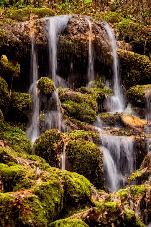 Prompt: Photo of a mushroom waterfall, 8k, cinematic, elegant, sharp focus, symmetry, highly detailed, beautiful light