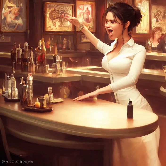 Image similar to a waitress singing on a table in a bar, elegant, real life skin, intricate artwork, high detailed, artstation, concept art, smooth, sharp focus, art by artgerm and greg rutkowski