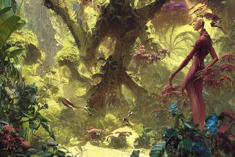 Image similar to pulp scifi fantasy illustration, elegant woman meets lizard alien in beautiful garden, flowers, baobab trees, distant town in valley and hills, spacehip, by norman rockwell, jack kirby, john berkey, bergey, craig mullins, ruan jia, raymond swanland, jeremy mann, beksinski, tom lovell, rodney matthews