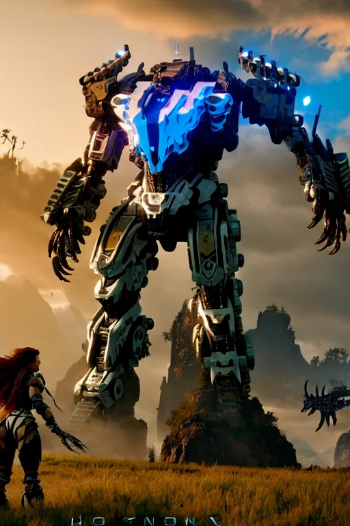 Image similar to a cinematic still from horizon zero dawn and pacific rim and westworld, full body mech, armored core, intact humanoid servo, octane render, nvidia raytracing demo, masterpiece, aged armor plating, decipticon armor plating, aggressive head, endoekeleton exposure