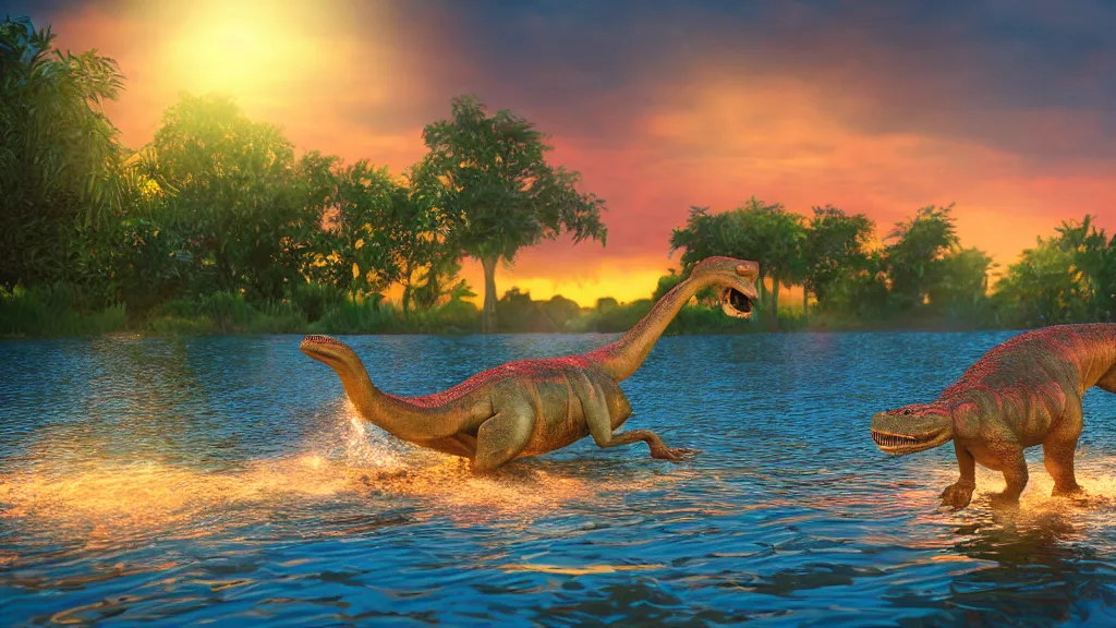 Prompt: a dinosaur swimming in lake barbies city, sunset lighting, rim light, hyper realistic, 1 0 5 mm, cinematic frame