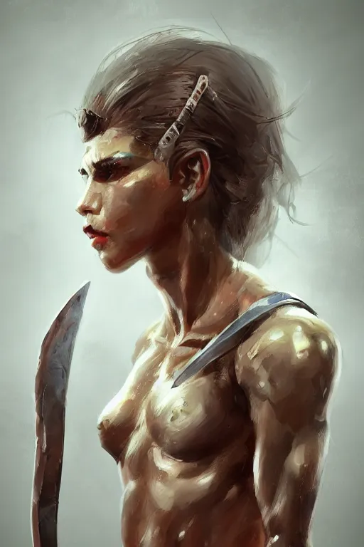 Image similar to head and legs portrait of a barbarian female, ultra sharp, very detailed, high quality focus by wlop