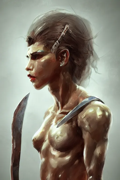 Prompt: head and legs portrait of a barbarian female, ultra sharp, very detailed, high quality focus by wlop