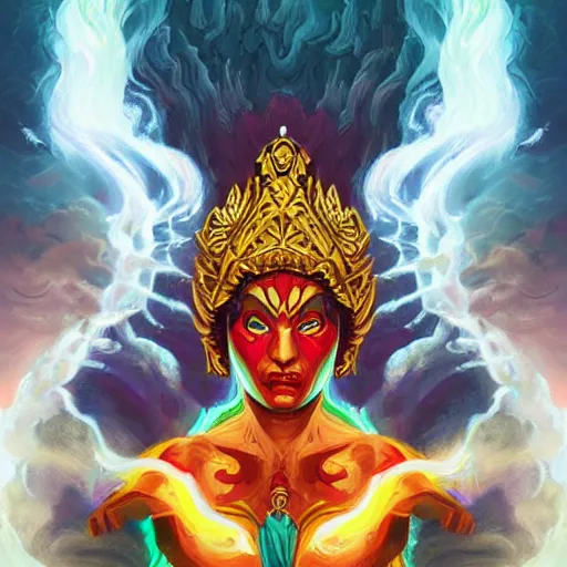 Prompt: artwork, masterpiece of from Dan Mumford collection ::La Chroma:: with a mage invoking divine gods while there's a storm and lightings, trending on ArtStation, face painted by artgerm