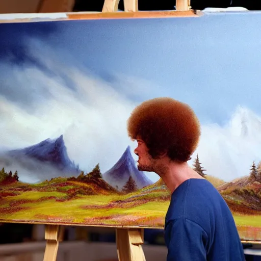 Image similar to a closeup photorealistic photograph of bob ross working on a canvas painting of spiderman. film still. brightly lit scene. mountains and trees. this 4 k hd image is trending on artstation, featured on behance, well - rendered, extra crisp, features intricate detail, epic composition and the style of unreal engine.