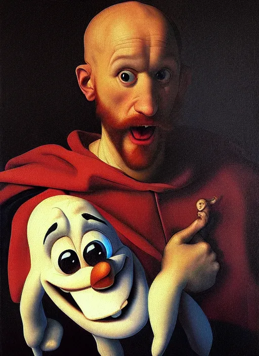 Prompt: a masterwork chiaroscuro oil painting portrait of adorable symmetric olaf from disneys frozen in the style of a renaissance painting, insane detail,, jan matejko, caravaggio, jan van eyck, trending on artstation, artgerm