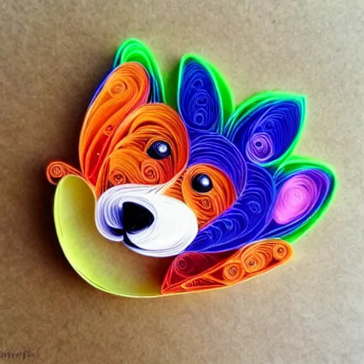 Prompt: cute corgi puppy, paper quilling, flowers, swirls, colorful, fun, happy