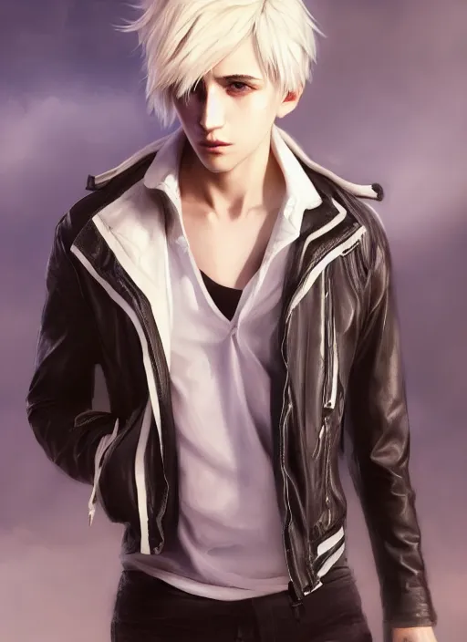 Prompt: beautiful teenage boy assassin with platinum blonde hair, wearing leather jacket, beautiful, detailed portrait, cell shaded, 4 k, concept art, by wlop, ilya kuvshinov, artgerm, krenz cushart, greg rutkowski, pixiv. cinematic dramatic atmosphere, sharp focus, volumetric lighting, cinematic lighting, studio quality