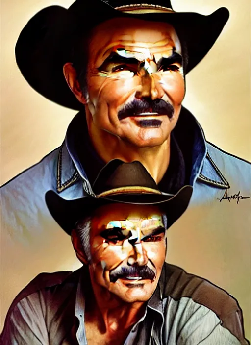 Prompt: burt reynolds wearing cowboy hat, painting by artgerm and greg rutkowski and alphonse mucha