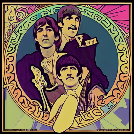 Prompt: the Beatles in the style of Alphonse Mucha