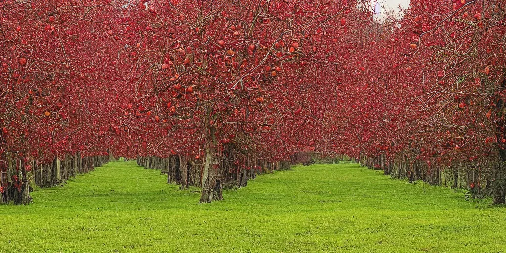 Prompt: a supernatural grove of incredibly tall apple trees with branches laden with red apples, trunks stretch and twine upwards forming a vast colonnades that extend out in thin rows far into the distance, rolling hillocks of lush green grass, translucent leaves forming unbroken thick canopy set alight with a fragile late-afternoon sunlight that refracts off the apples brushed pink and red with exposure, a slight mist wafts through the trunks, arthurian legend ynys afallach avalon isle of apples, by Darek Zabrocki, Marcin Rubinkowski, Lorenzo Lanfranconi, Oleg Zherebin, Karlkka, trending on Artstation deviantart