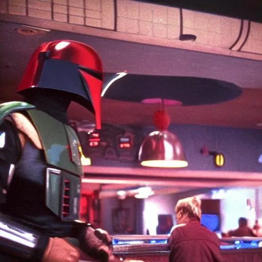 Prompt: boba fett and darth vader drinking at a bowling alley bar in the movie the big lebowski - w 7 2 0