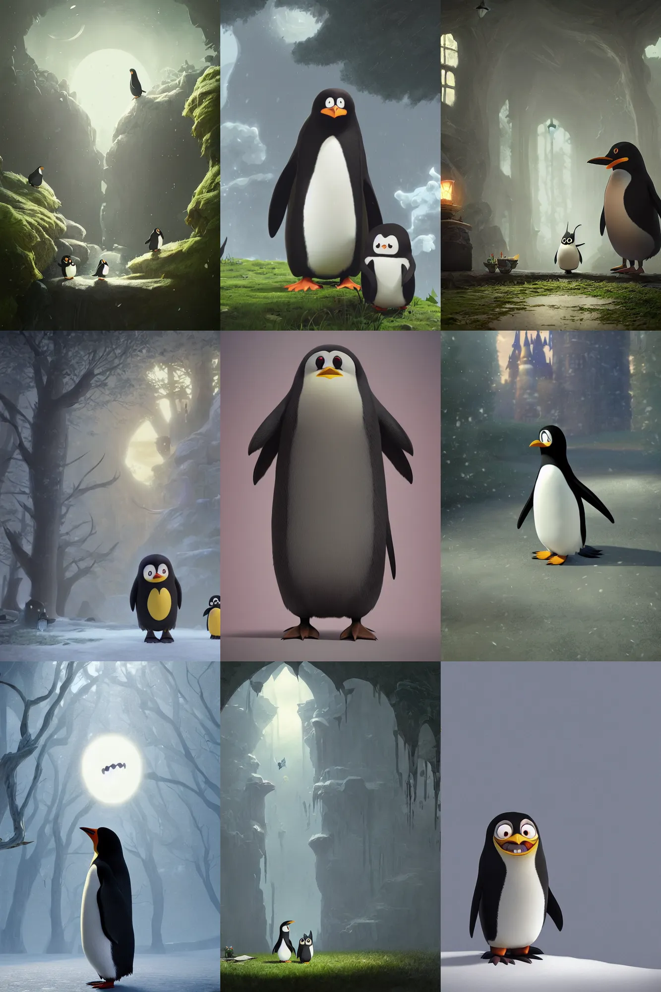 Prompt: a wholesome gothic illustration of a happy cartoon penguin, studio Ghibli, Pixar and Disney animation, sharp, Rendered in Redshift and Unreal Engine 5 by Greg Rutkowski, Bloom, dramatic lighting