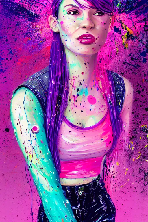 Image similar to a award winning half body portrait of a beautiful woman in a croptop and cargo pants with ombre purple pink teal hairstyle and hands in pockets by ari liloan, surrounded by whirling illuminated lines, paint splashes and splatter, outrun, vaporware, shaded flat illustration, digital art, trending on artstation, highly detailed, fine detail, intricate