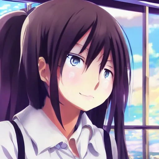 Prompt: closeup of an Anime girl in the bus station in the city of Armenia Quindio, Artwork by Makoto Shinkai, official media, 8k, pixiv, high definition, wallpaper, hd, digital artwork