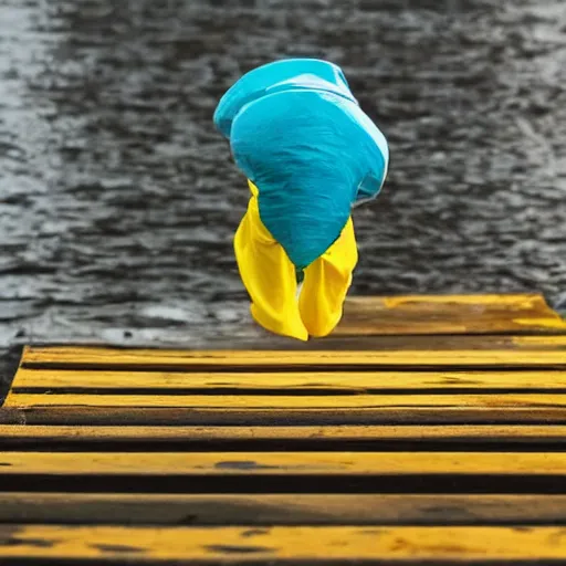 Image similar to Humanoid teal squid standing on two legs wearing yellow raincoat jumping of the edge of a dock in a city that is overwatched by a eye in a hand