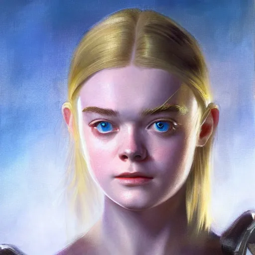 Prompt: ultra realistic portrait painting of elle fanning in halo 2, art by frank frazetta, 4 k, ultra realistic, highly detailed, epic lighting