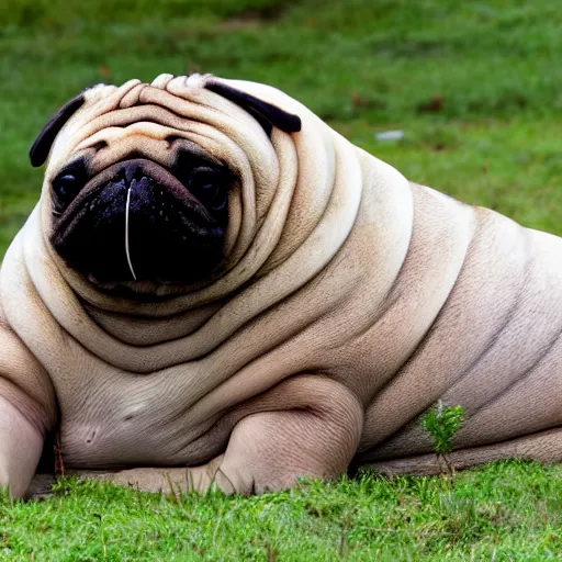 Image similar to a Walrus-Pug Hybrid, A Walrus that looks like a pug, huge tusks, afternoon hangout, good times photograph, candid