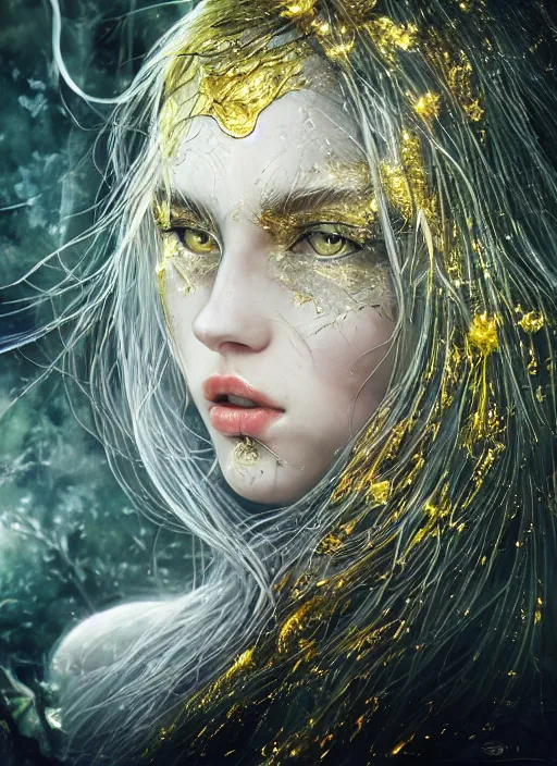 Prompt: glowing silver and golden elements, full close-up portrait, young female model from deviantart as a dark witch, book cover, green forest, white moon, red lips, establishing shot, extremly high detail, photo-realistic, cinematic lighting, pen and ink, intricate line drawings, by Yoshitaka Amano, Ruan Jia, Kentaro Miura, Artgerm, post processed, concept art, artstation, matte painting, style by eddie, raphael lacoste, alex ross