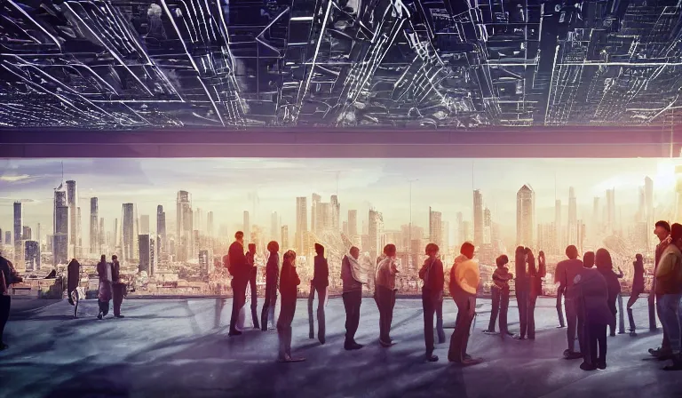 Prompt: crane shot of large group people in open warehouse, looking at hologram of futuristic city on a table, cinematic concept, godrays, golden hour, natural sunlight, 4 k, clear details, tabletop model buildings, tabletop model, ethereal hologram center, crane shot, crane shot, rule of thirds, people, people, tabletop