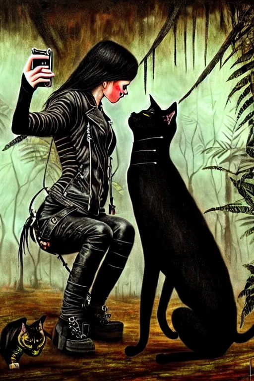 Prompt: punk rock girls kissing and making selfie with black cats in jungle , 1980 style, mad max jacket, post apocalyptic, Cyberpunk, renaissance, Gothic, mystic, highly detailed, digital painting, 4k, fog, oil painting by Leonardo Da Vinci, hyper realistic style, fantasy by Olga Fedorova